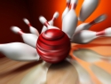 A fun 3d render of a bowling ball crashing into the pins. Extreme perspective, depth of field focus on the ball.